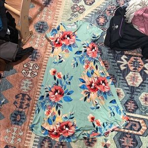 Mint Green Floral Midi Dress with Coral & Blue Blooms